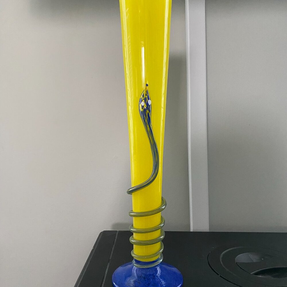 Vtg Czech Republic Hut Charlotta? Yellow Blue Art Glass 16" Trumpet Snake Vase